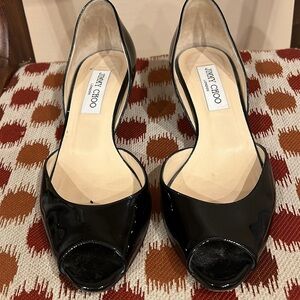 Jimmy Choo Black Patent Open Toe Low Heel Pumps Sz 39